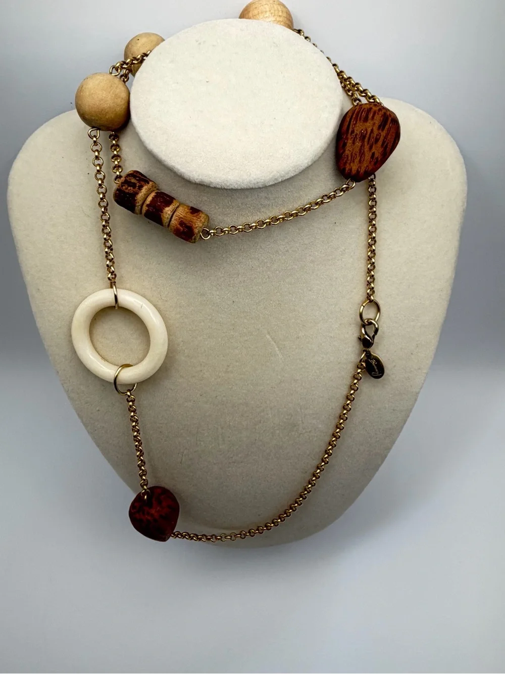 Gold-Tone Chain Necklace with Natural Brown & Cream Wood Accents